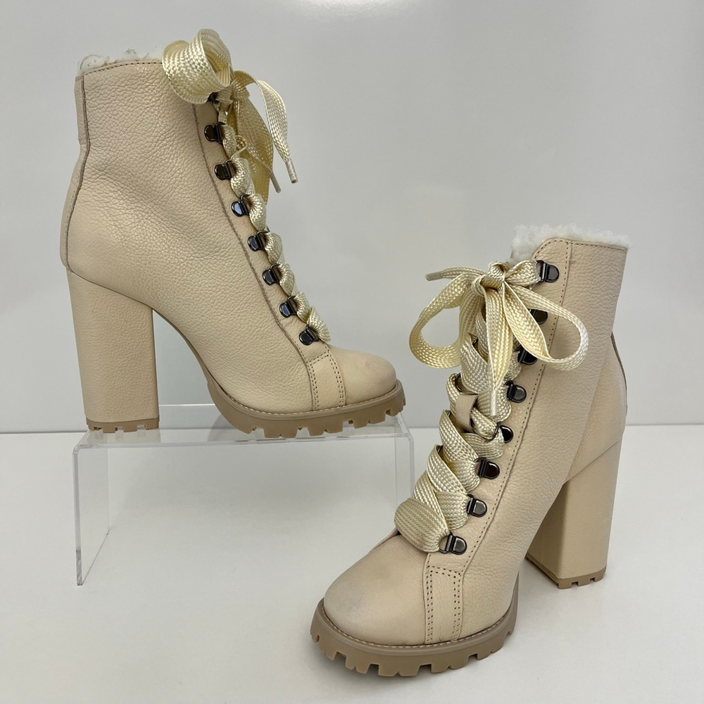 Schutz Zhara Faux Fur Lined Lace-Up Lug Sole Bootie Eggshell Ivory 7 - Picture 4 of 13